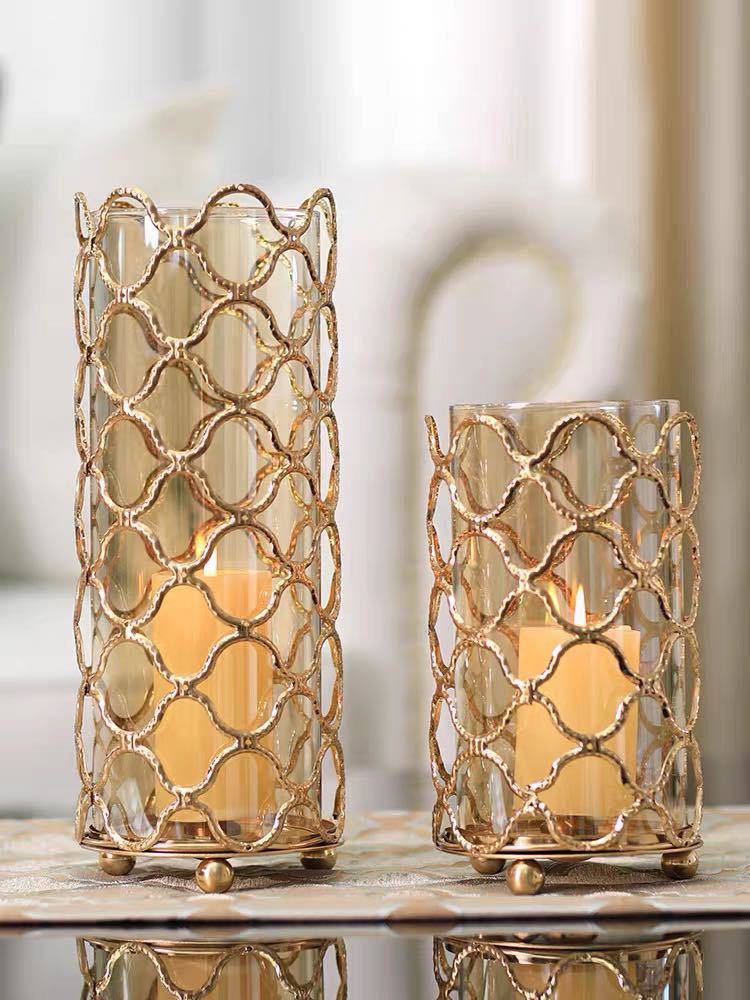Hollow Out Glass Vase with Golden Metal Frame