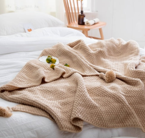 Nordic Fringed Knit Blanket with Pom-Poms