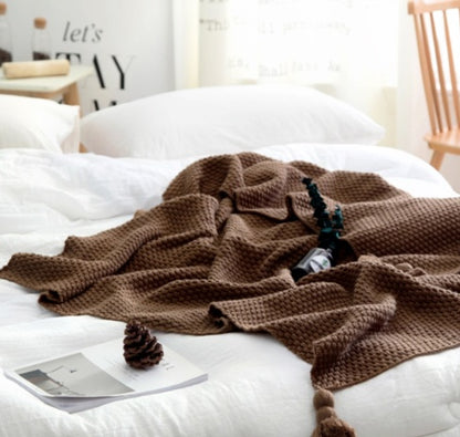 Nordic Fringed Knit Blanket with Pom-Poms