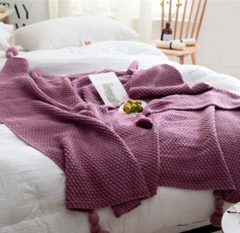Nordic Fringed Knit Blanket with Pom-Poms