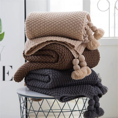 Nordic Fringed Knit Blanket with Pom-Poms