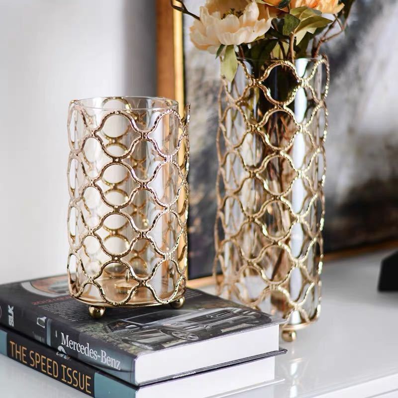 Hollow Out Glass Vase with Golden Metal Frame