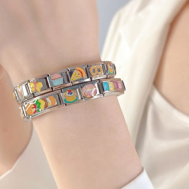 Stainless Steel 9mm Bracelet Charms – Hamburger, Ice Cream, and Food-Themed Design