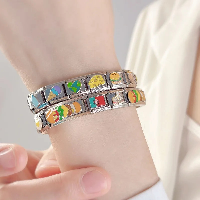 Stainless Steel 9mm Bracelet Charms – Hamburger, Ice Cream, and Food-Themed Design