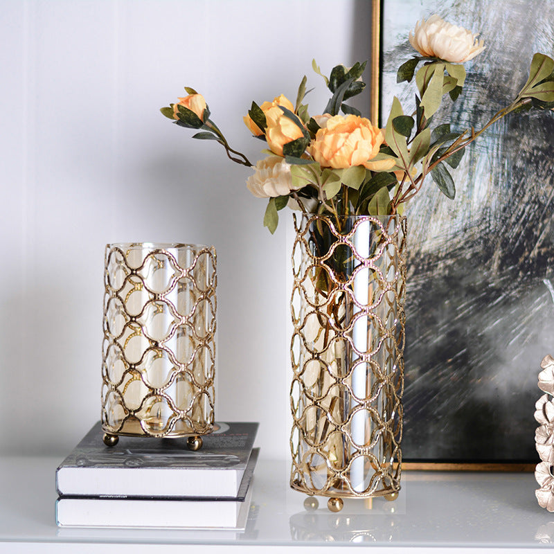 Hollow Out Glass Vase with Golden Metal Frame